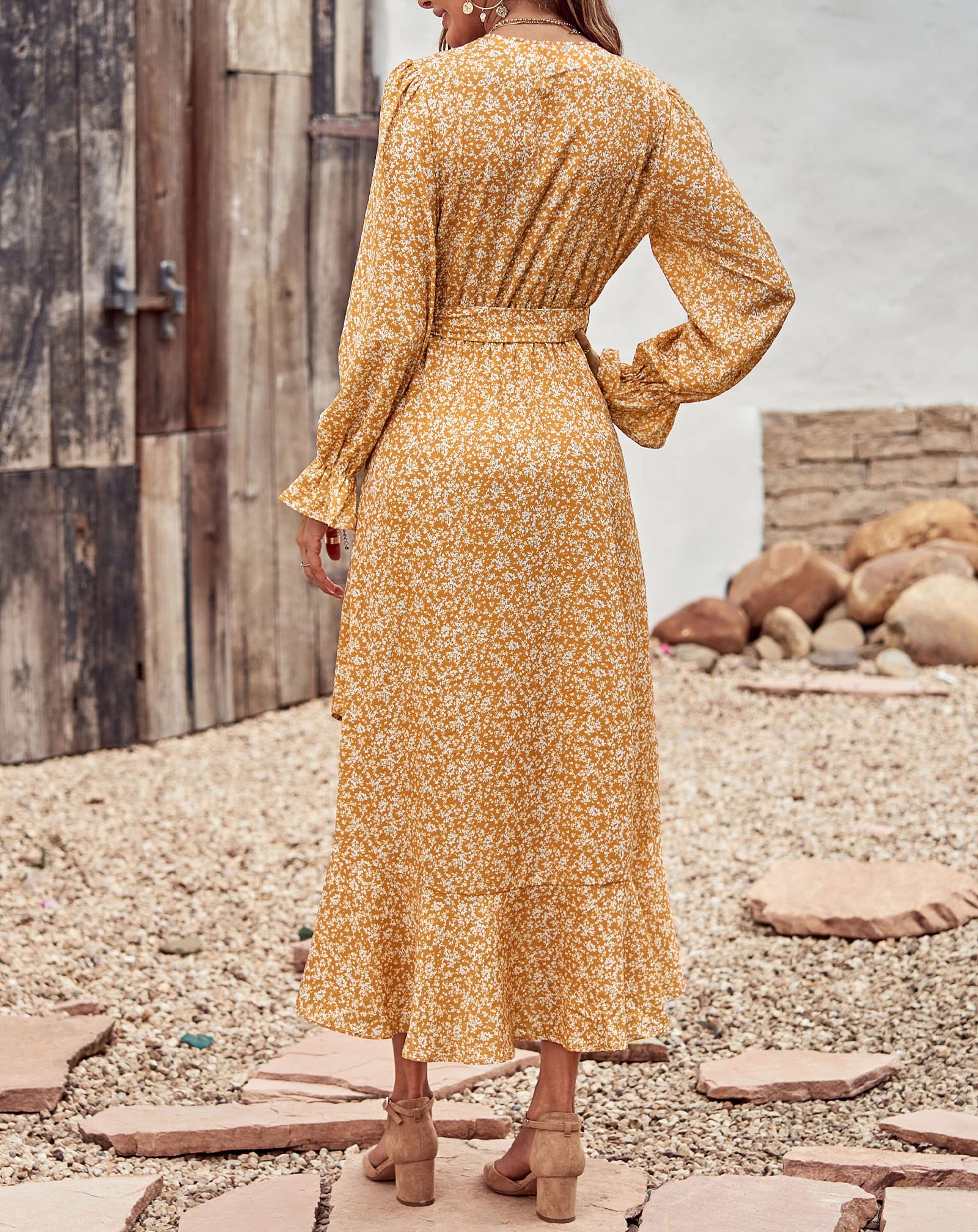 BTFBM Womens Dresses Summer V Neck Floral High Waist Ruffle Wedding Guest Cocktail Boho Spring Long Sleeve Dress