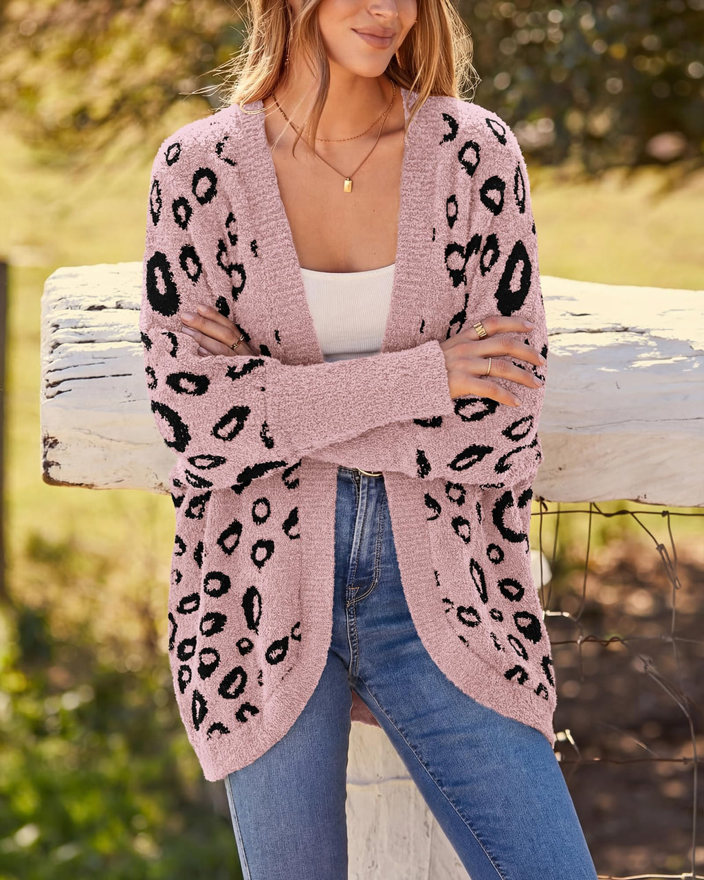 BTFBM Leopard Cardigan for Women Long Sleeve Open Front Cardigans Sweaters Pockets Loose Knit Fall Spring Outwear