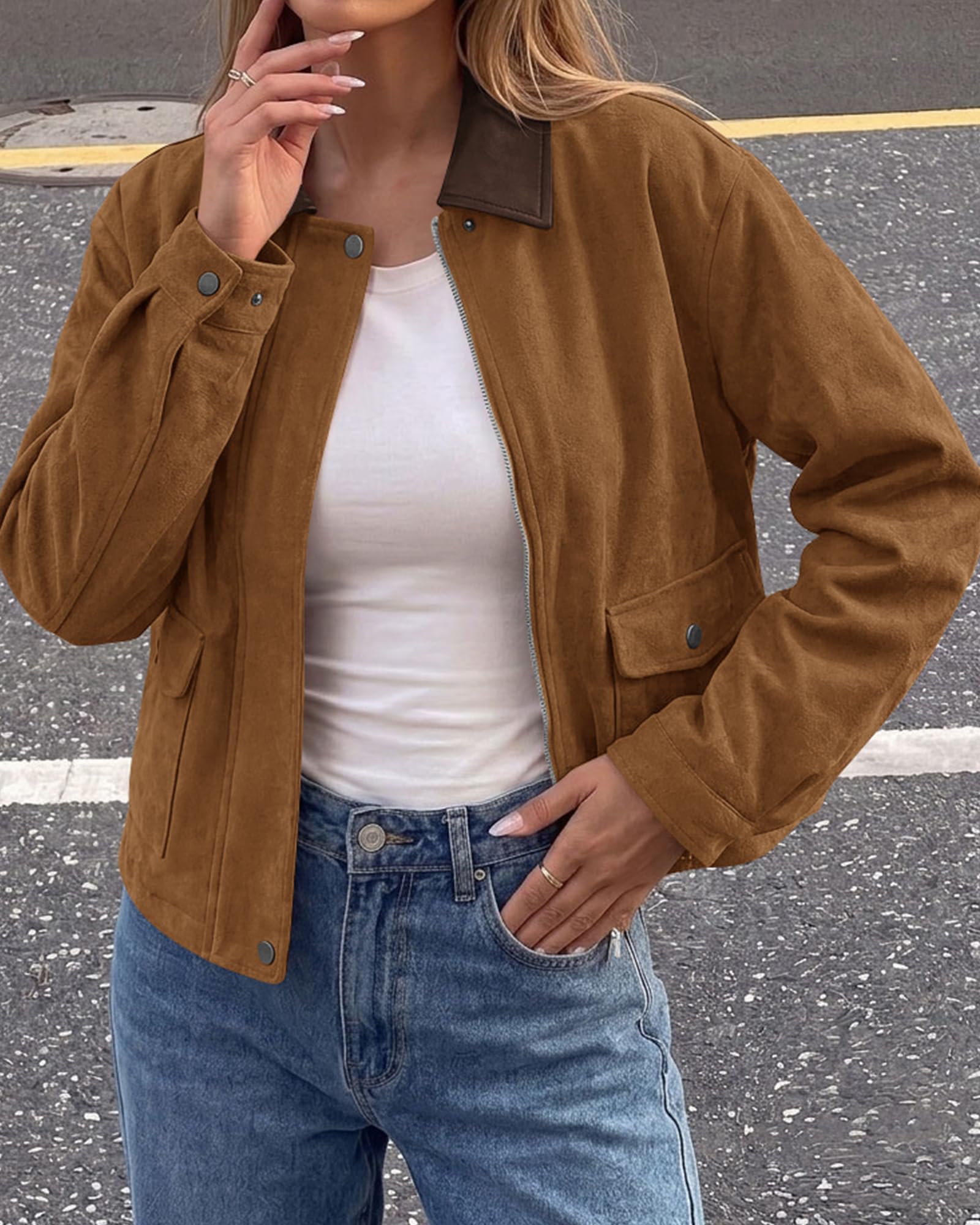 BTFBM Faux Suede Jacket Women Leather Lapel Zip Up Fall Outfits Button Down Long Sleeve Outerwear With Flap Pockets, Early Winter Coats, Motorcycle Jackets, Western Country Concert Outfits
