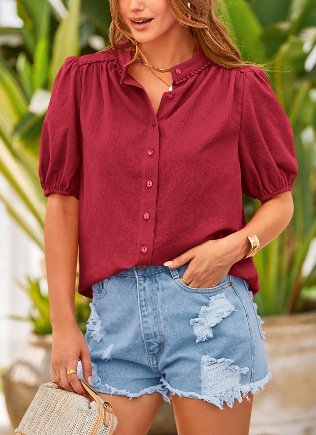 PRETTYGARDEN Women's Summer Button Down Shirts Short Lantern Sleeve V Neck Cotton Cute Dressy Casual Ladies Tops Blouses