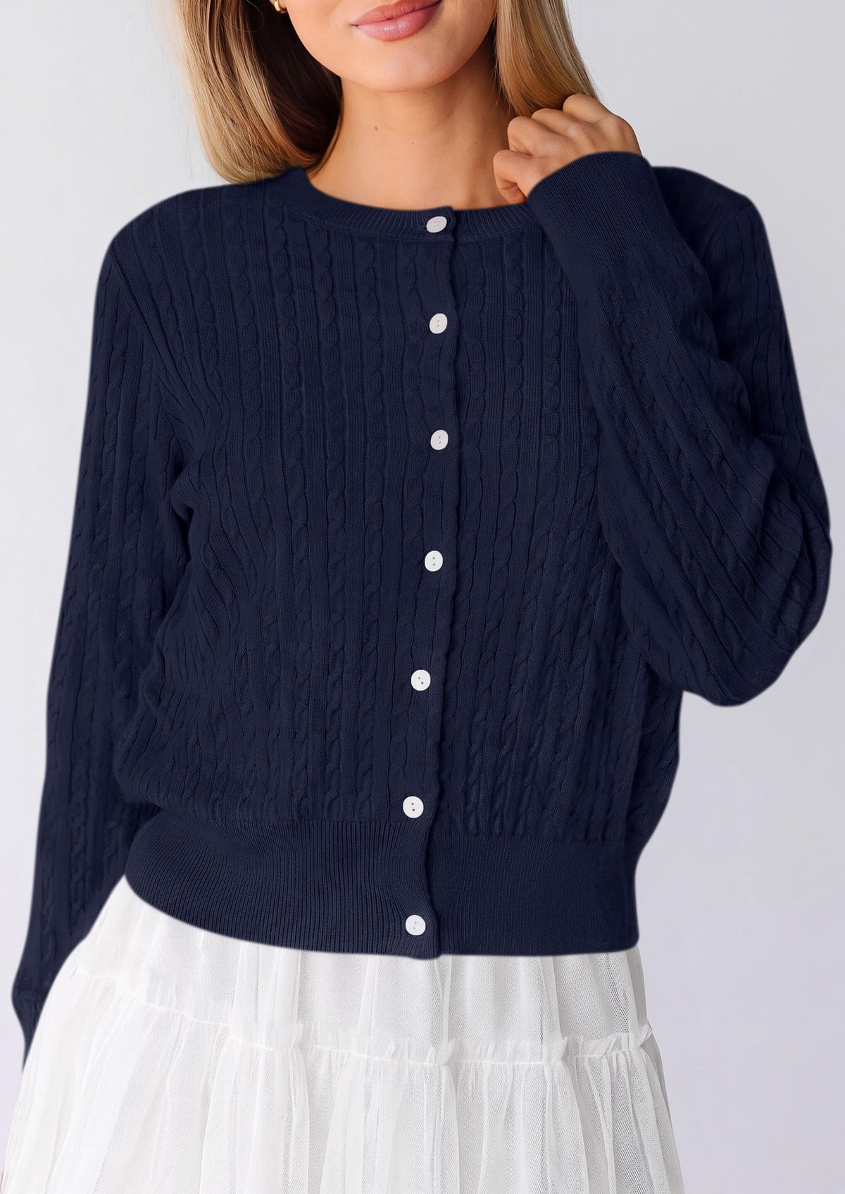 PRETTYGARDEN Women Lightweight Button Up Cardigan Sweaters | Soft Stretchy, Cozy Cable Knit, Long Sleeve Crew Neck, Trendy Cardigans, Cute Casual Outfits, Early Fall Fashion Clothing