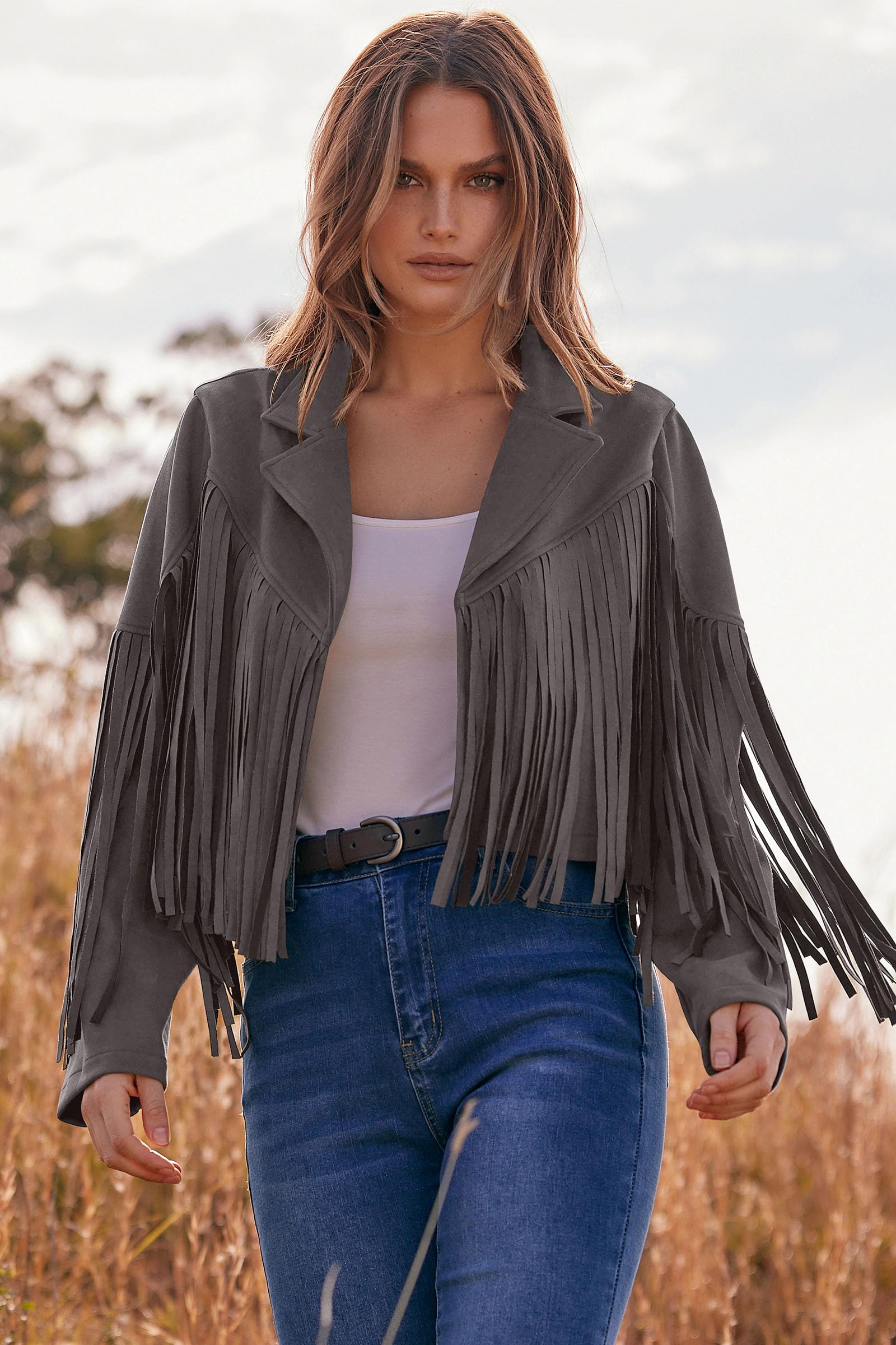 PRETTYGARDEN Women's Fringe Faux Suede Leather Jackets Fall Fashion Tassel Motorcycle Cropped Coats