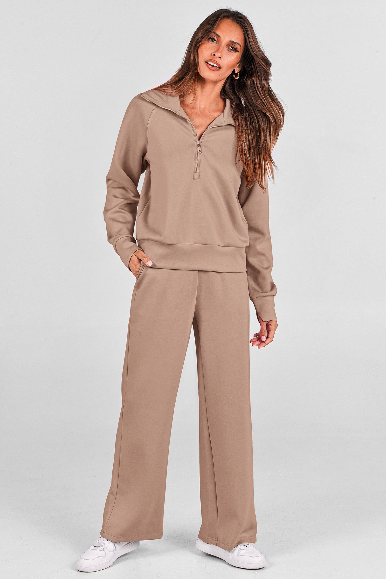 PRETTYGARDEN Women's 2 Piece Outfits Casual Lapel Half Zip Sweatshirts and Wide Leg Pants Tracksuit Sets