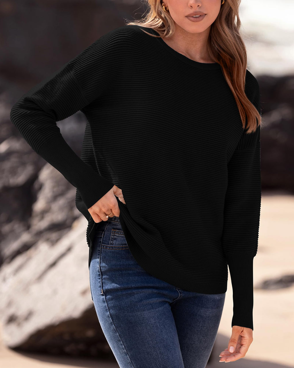 FreshPrettyFall Sweaters for Women Casual Long Sleeve Sweater Striped Loose Fit Pullover Tops