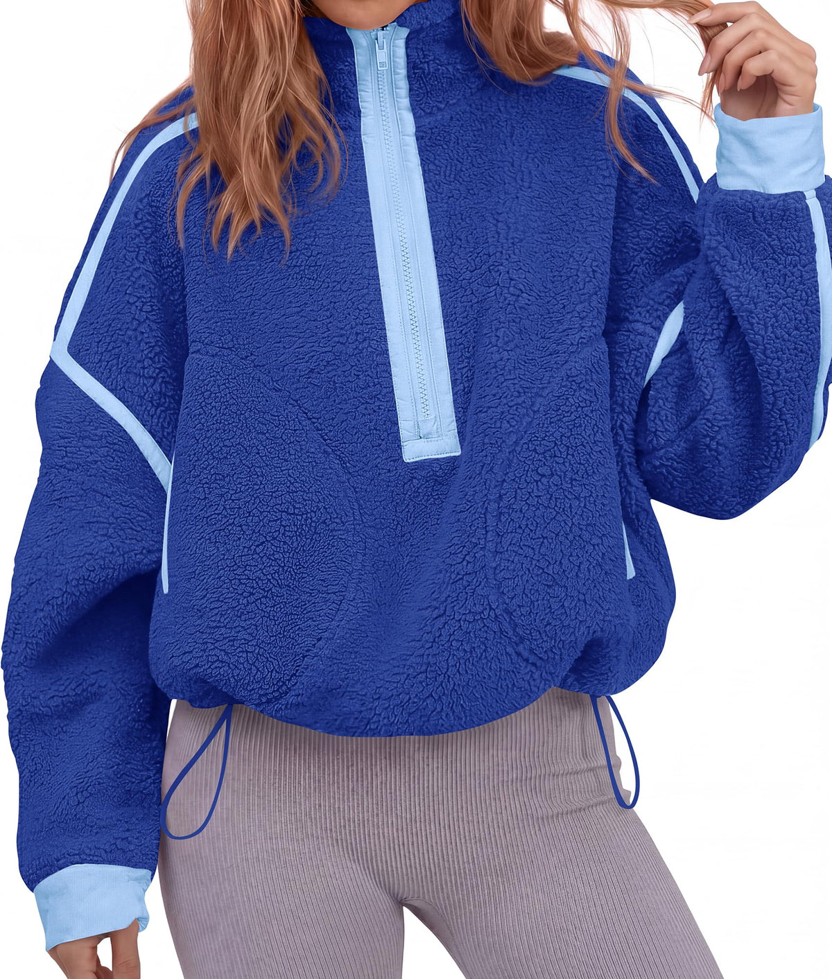 FreshPretty Womens Half Zip Fleece Pullover Sherpa Sweatshirts,Quarter Zip Cropped Jackets With Drawstring,Loose Fit Sweater Tops,Color Block Winter Coats,Trendy Fall Clothes