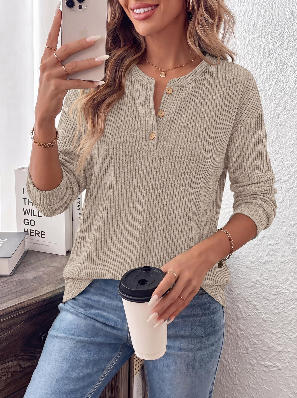 FreshPretty Henley Shirts For Women Ribbed Button Up Sweater Top,Soft Fall Long Sleeve Shirt,Lightweight Drop Shoulder Knit Tops,Dressy Casual Work Office Blouses,Teacher School Outfits