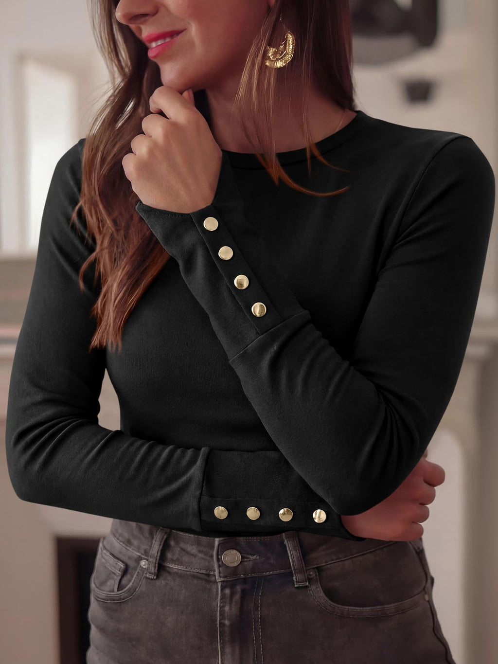 FreshPretty Womens Long Sleeve Tops Cute Slim Fitted Fall Shirts,Crewneck Knit Basic Shirts,Slimming Fit Work Office Blouses,Business Casual Outfits,Decorative Buttons,Fashion Clothing