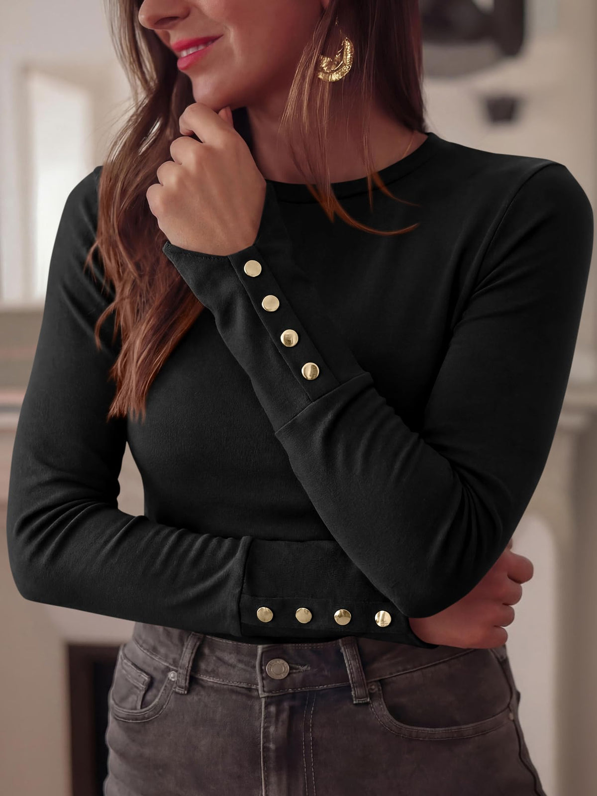 FreshPretty Womens Long Sleeve Tops Cute Slim Fitted Fall Shirts,Crewneck Knit Basic Shirts,Slimming Fit Work Office Blouses,Business Casual Outfits,Decorative Buttons,Fashion Clothing