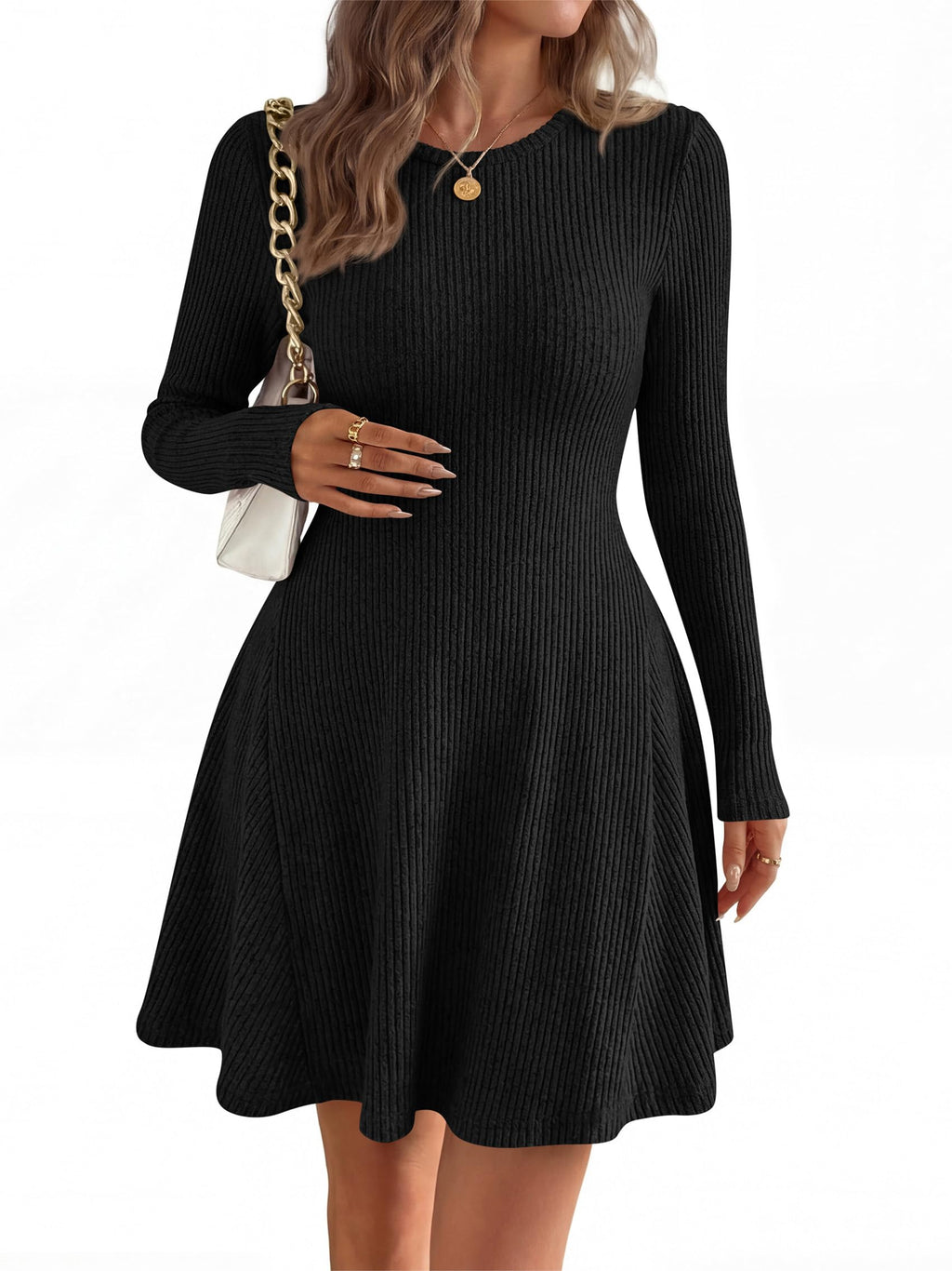 FreshPretty Womens Fall Long Sleeve Mini Sweater Dress,Fit and Flare Crewneck,Soft Lightweight Ribbed Knit,Casual A Line Short Cocktail Dresses,Elegant Fall Fashion Clothes