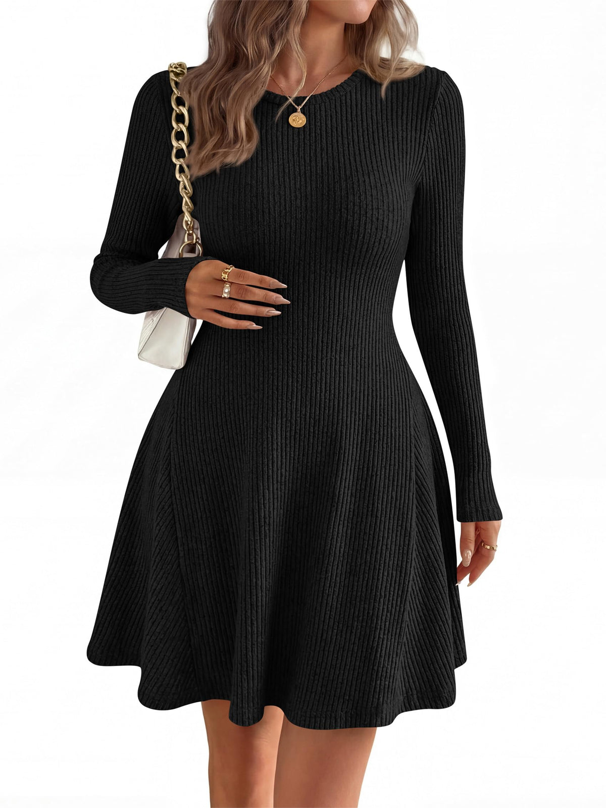 FreshPretty Womens Fall Long Sleeve Mini Sweater Dress,Fit and Flare Crewneck,Soft Lightweight Ribbed Knit,Casual A Line Short Cocktail Dresses,Elegant Fall Fashion Clothes