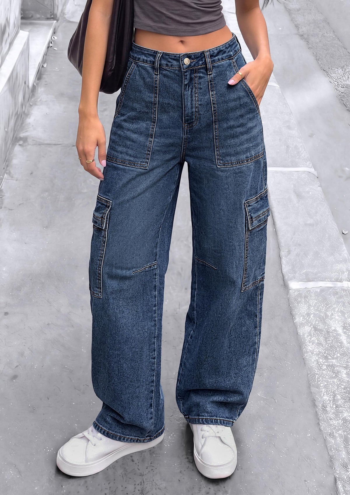 PRETTYGARDEN Barrel Pants Women Wide Leg Baggy Denim Jeans Relaxed Fit,Utility Pockets,Loose Streetwear,Boyfriend Style,Y2K Outfits,Fashion Cargo Pants,Fall Clothes