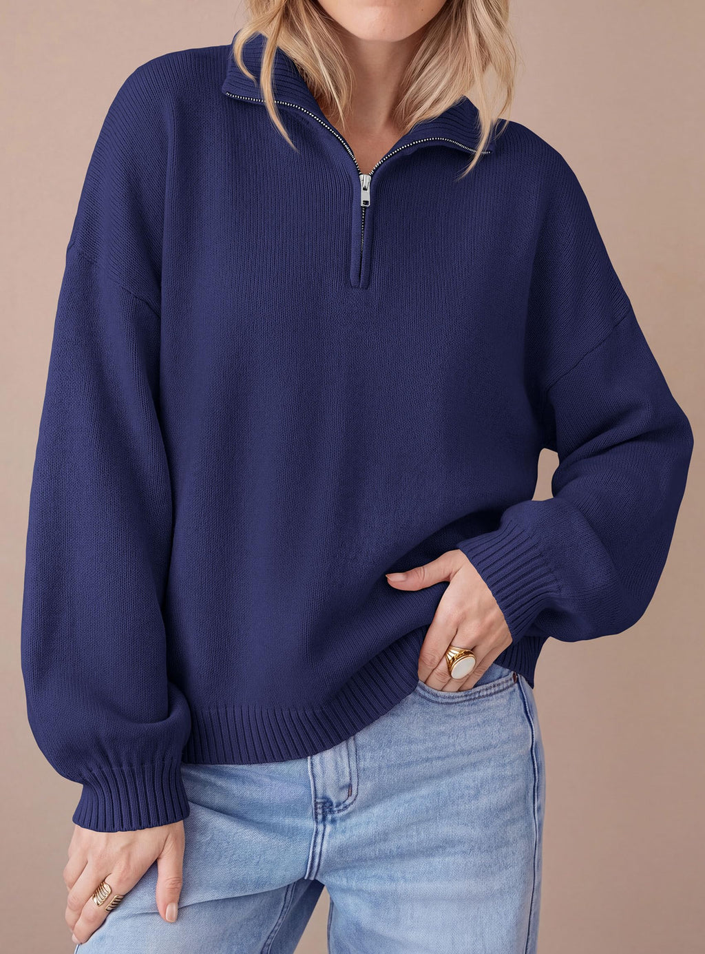 PRETTYGARDEN Women's Quarter Zip Pullover Oversized Sweaters Collared Neck, Long Balloon Sleeve, Jumper Tops, Soft Cozy Knit, Ribbed Hem, Loose Fit, Fall Outfits, Winter Fashion Clothing