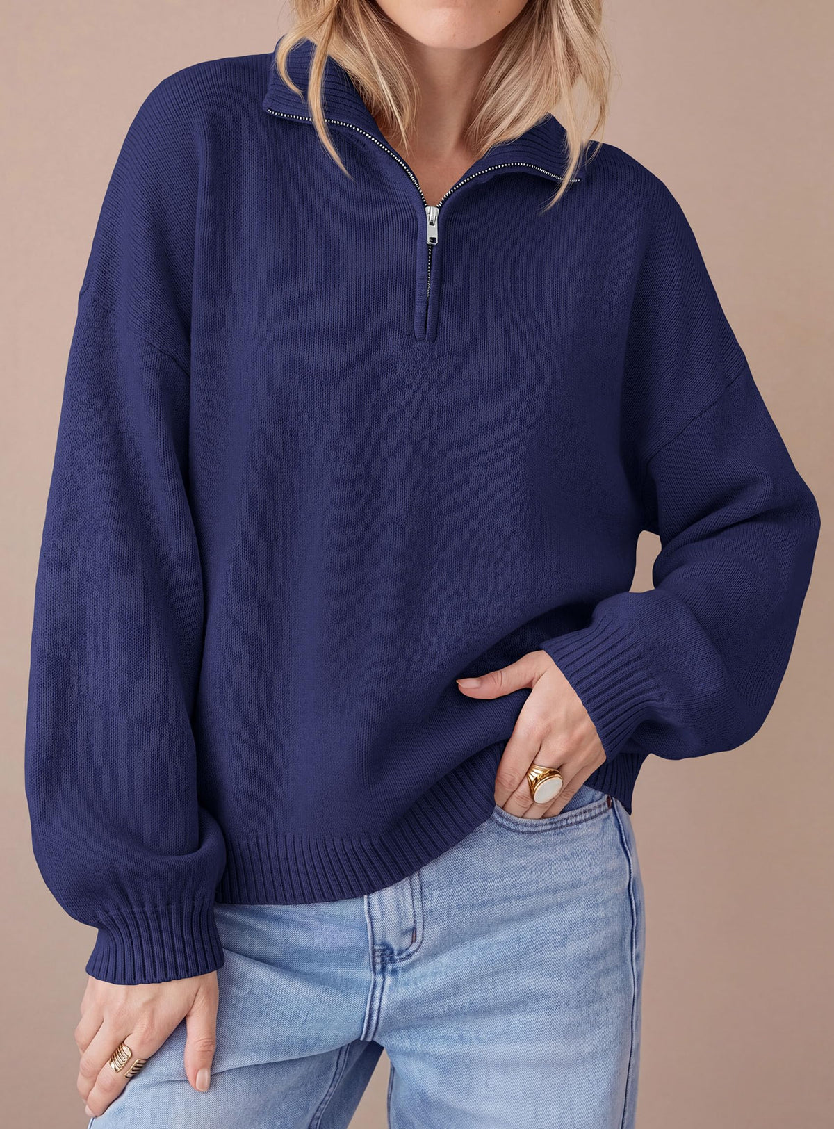 PRETTYGARDEN Women's Quarter Zip Pullover Oversized Sweaters Collared Neck, Long Balloon Sleeve, Jumper Tops, Soft Cozy Knit, Ribbed Hem, Loose Fit, Fall Outfits, Winter Fashion Clothing