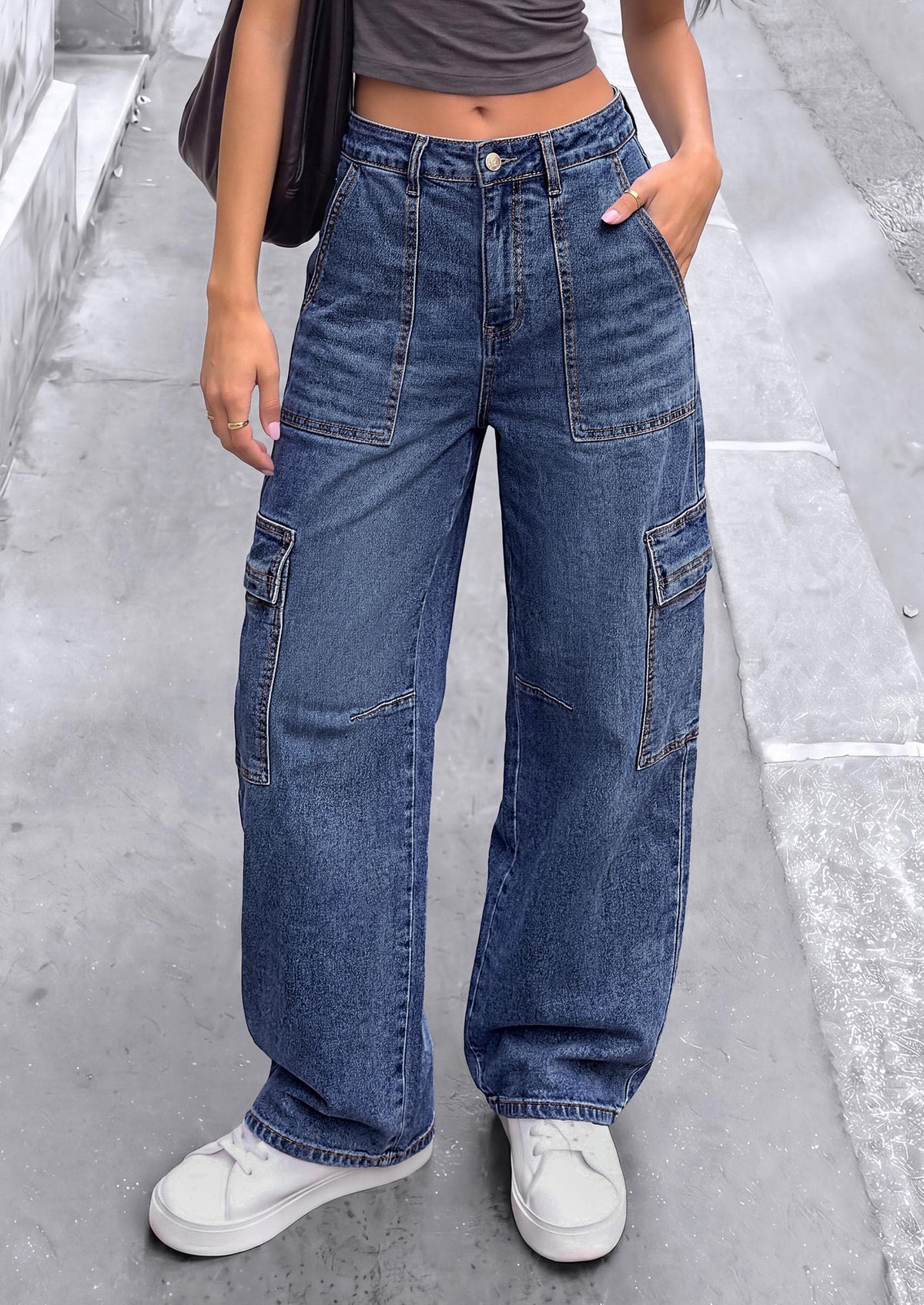 PRETTYGARDEN Barrel Pants Women Wide Leg Baggy Denim Jeans Relaxed Fit,Utility Pockets,Loose Streetwear,Boyfriend Style,Y2K Outfits,Fashion Cargo Pants,Fall Clothes