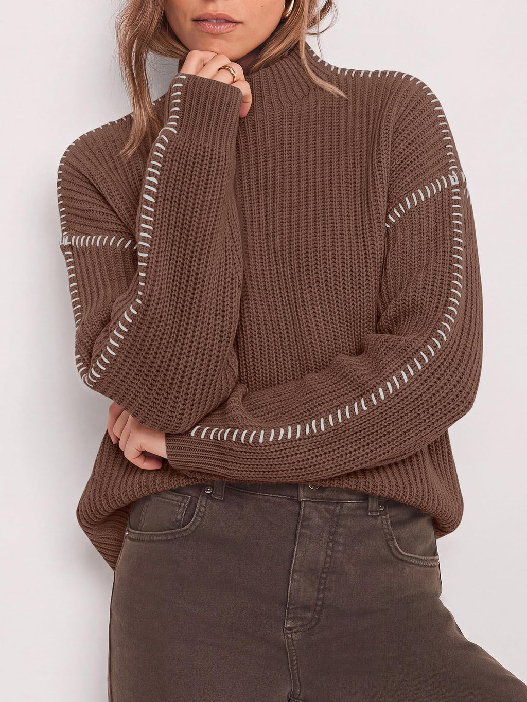 "BTFBM Womens Oversized Sweaters Contrast Chunky Knit Sweater Loose Fit Mock Neck Long Sleeve Tops, Soft Cozy Knitwear, Fall Fashion 2026, Casual Winter Clothing, Daily Going Out Outfits"