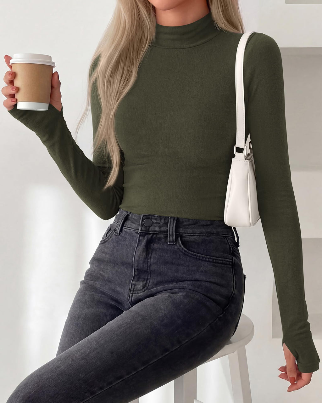 BTFBM Turtleneck Tops for Women Thumbhole Long Sleeve Shirts | Lightweight Fleece Lining, Casual Basic Layering Top, Slim Fit Stretch Winter Thermal Underwear, Fall Fashion Clothing