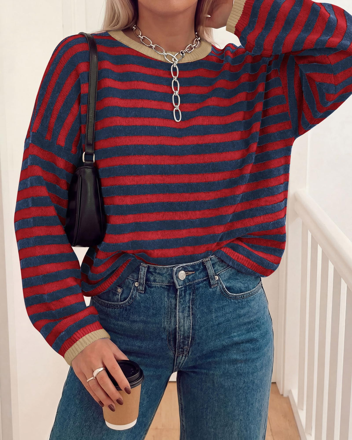 BTFBM Women's Lightweight Oversized Striped Sweater | Soft Knit Cozy Sweaters, Crew Neck Long Sleeve Pullover, y2k Color Block, Casual Holiday Outfits, Winter Fall Clothes