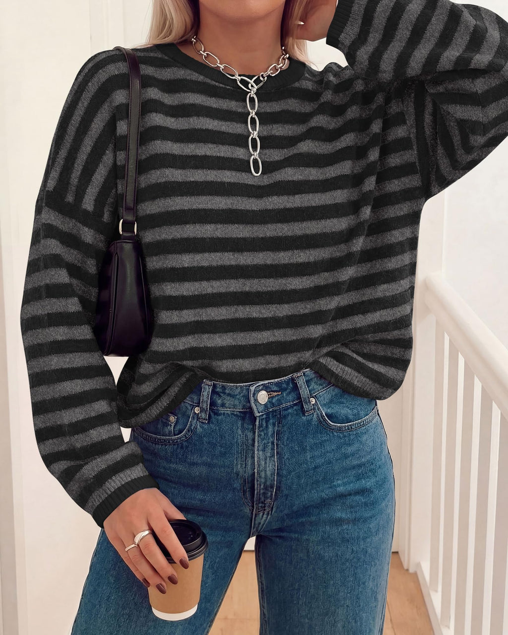 BTFBM Women's Lightweight Oversized Striped Sweater | Soft Knit Cozy Sweaters, Crew Neck Long Sleeve Pullover, y2k Color Block, Casual Holiday Outfits, Winter Fall Clothes