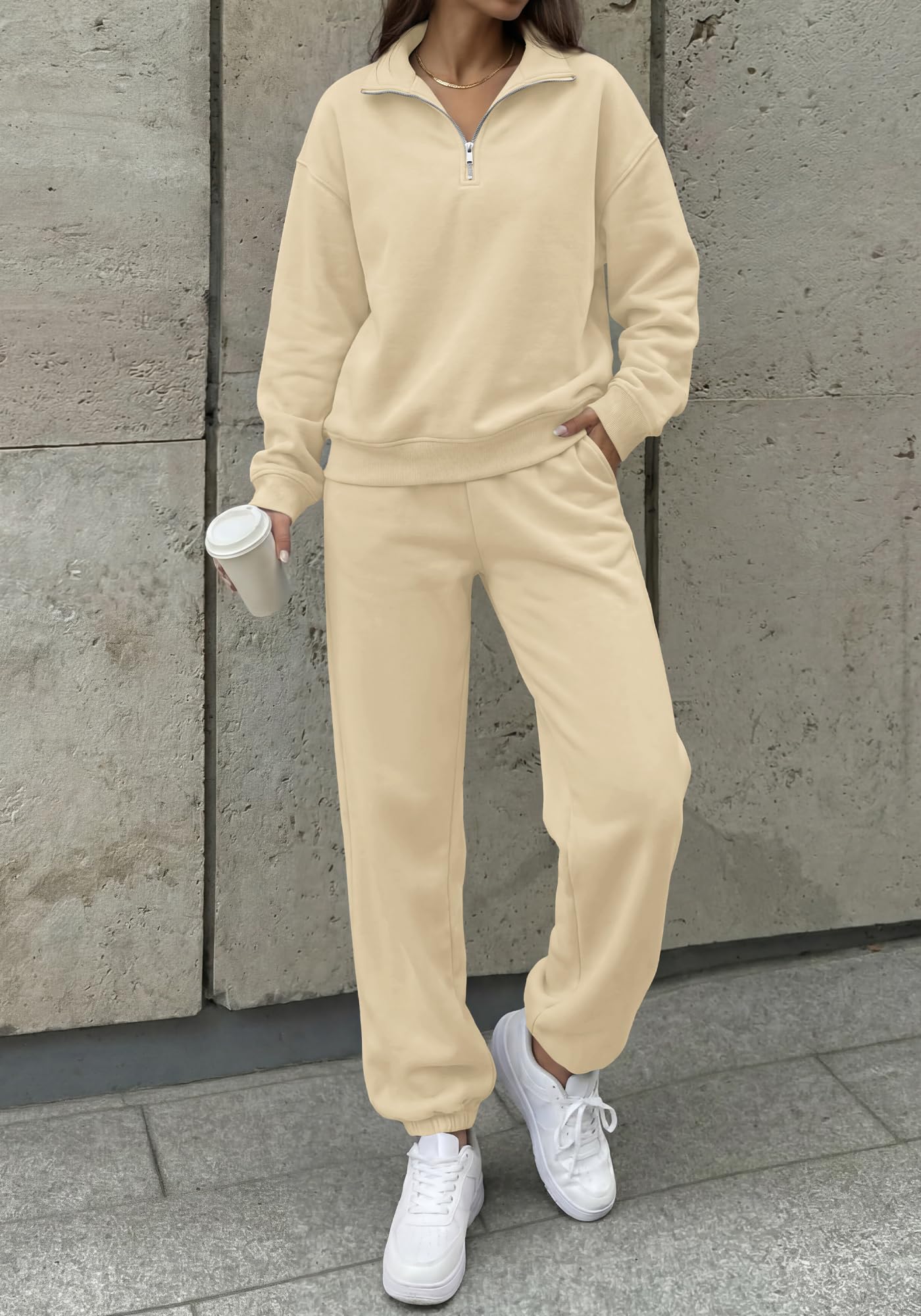 BTFBM Womens 2 Piece Outfits Sweatsuit Fleece Lounge Sets Quarter Zip Pullover Sweatshirt,Baggy Jogger Sweatpants,Fall Fashion Clothing,Airport Travel Matching Sweat Set