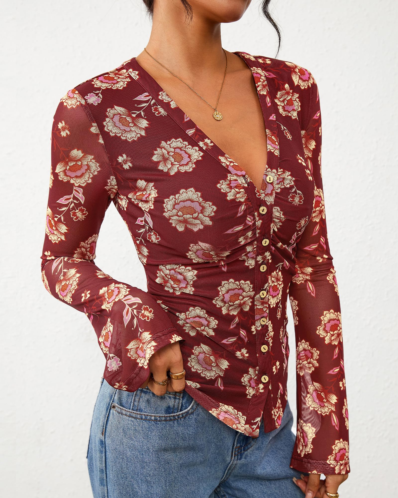 BTFBM Button Down Shirts for Women Spring Boho Tops V Neck Long Sleeve Blouses Ruched Mesh Fitted Fall Fashion