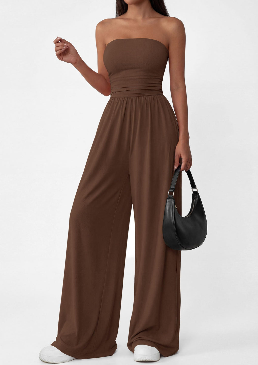 PRETTYGARDEN Womens Trendy Strapless Rompers Ruched Tube Top Wide Leg One Piece Jumpsuits Beach Vacation Summer Outfits