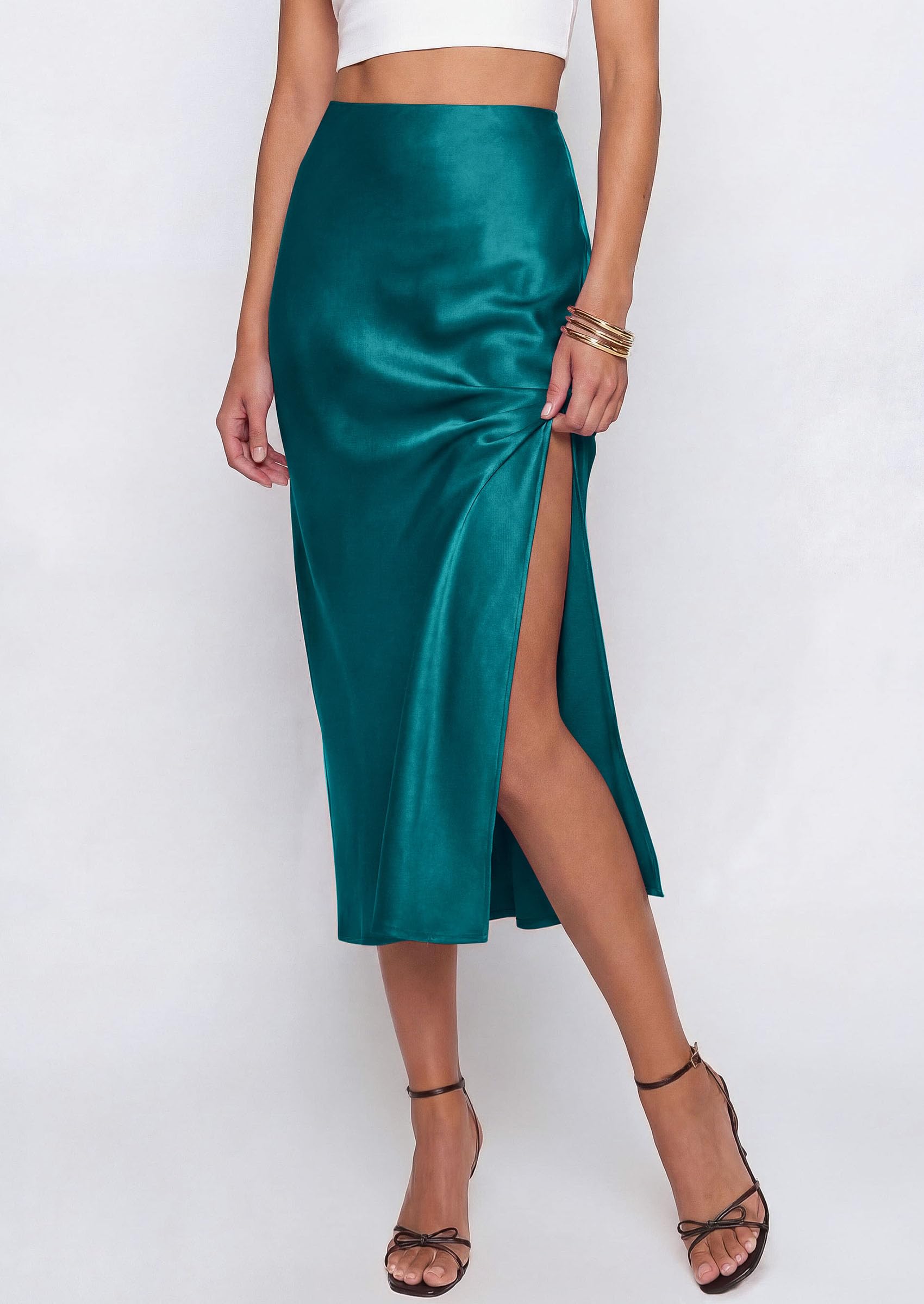 PRETTYGARDEN Womens Satin Skirt Summer Silk Business Casual High Waisted A Line Flowy Work Wedding Cocktail Midi Skirts