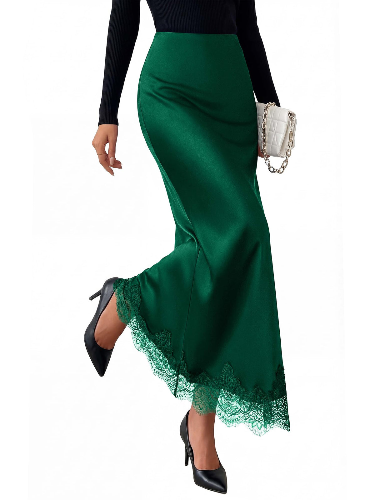 BTFBM Lace Trim Satin Skirts for Women Elegant | Lightweight, High Waist, A-Line, Flowy Maxi Skirt, Wedding, Cocktail, Graduation, Holiday Outfits, Fall Fashion Clothing