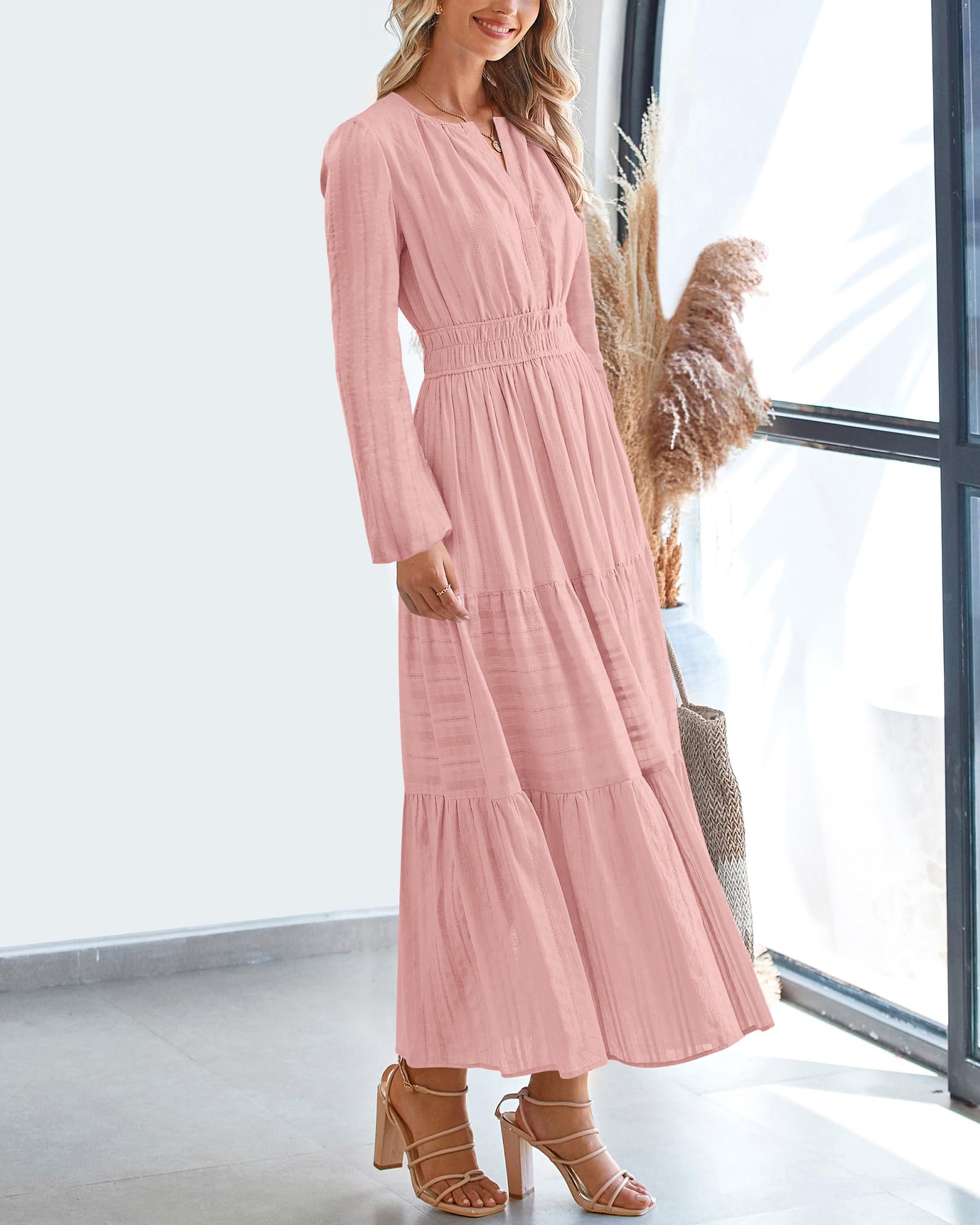 FreshPretty Fall Dresses for Women Casual Long Sleeve V Neck Elastic Waist Lightweight Maxi Wedding Guest Dress Pockets