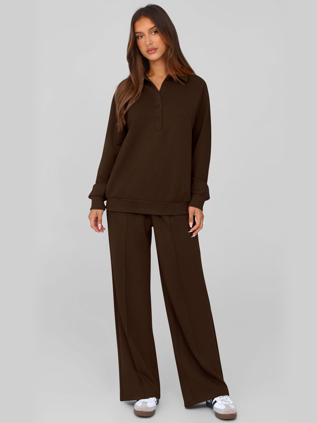 PRETTYGARDEN Women Fall 2 Piece Outfits Sweatsuits Lounge Sets Quarter Button Long Sleeve Sweatshirt, Wide Leg Sweat Pants, Casual 2 Piece Sets Tracksuit, Airport Travel Outfits for Women