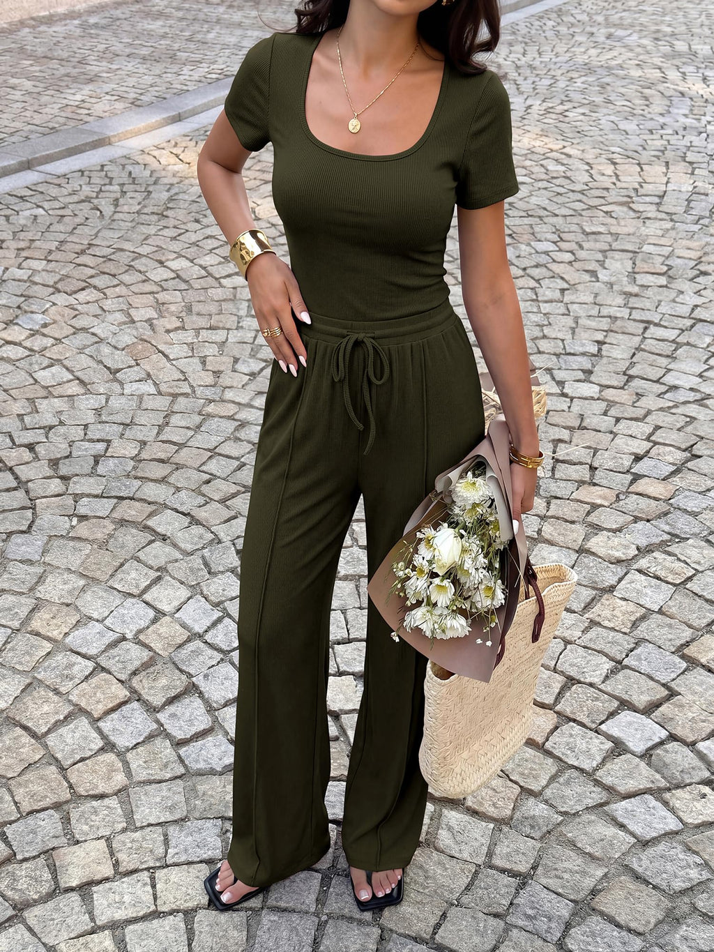 BTFBM Womens Summer 2 Piece Outfits Square Neck Short Sleeve Drawstring Pants Knit Spring Lounge Matching Sets