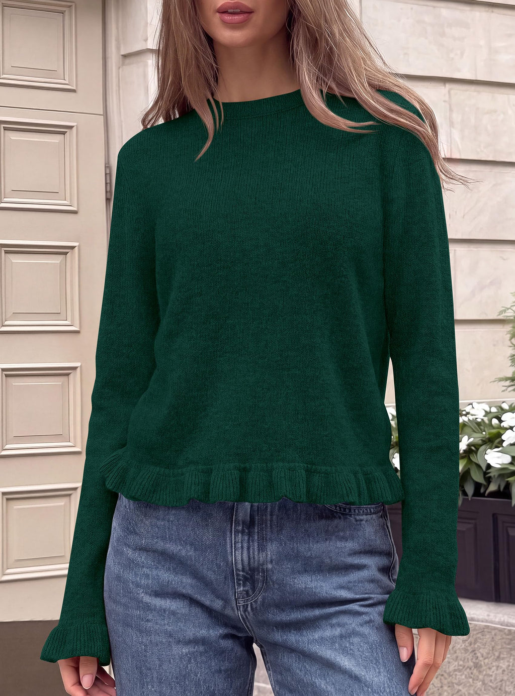 PRETTYGARDEN Women's Ruffle Sweaters Fall Fashion Cozy Knit Pullover Soft Stretchy, Crewneck Long Sleeve, Cute Peplum Tops, Dressy Casual Blouses, Going Out Holiday, Trendy Winter Outfits