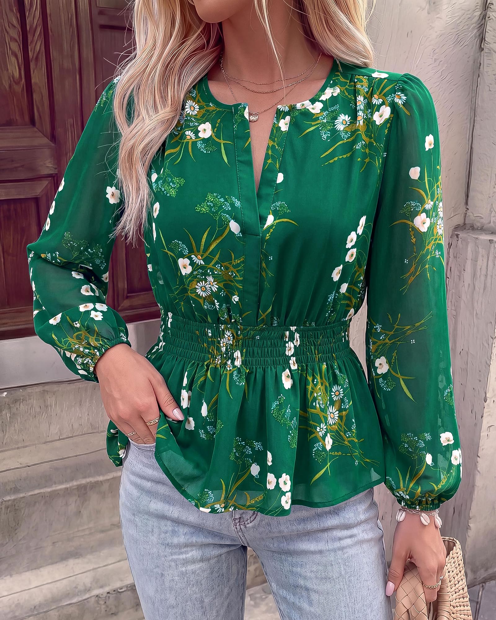 BTFBM Womens Tops Dressy Casual Floral V Neck Long Sleeve Chiffon Shirts | Chiffon Lantern Sleeve Flowy Peplum Sheer Top,Elastic Waist Babydoll Blouses,Boho Vacation Outfits,Fall Fashion Clothing