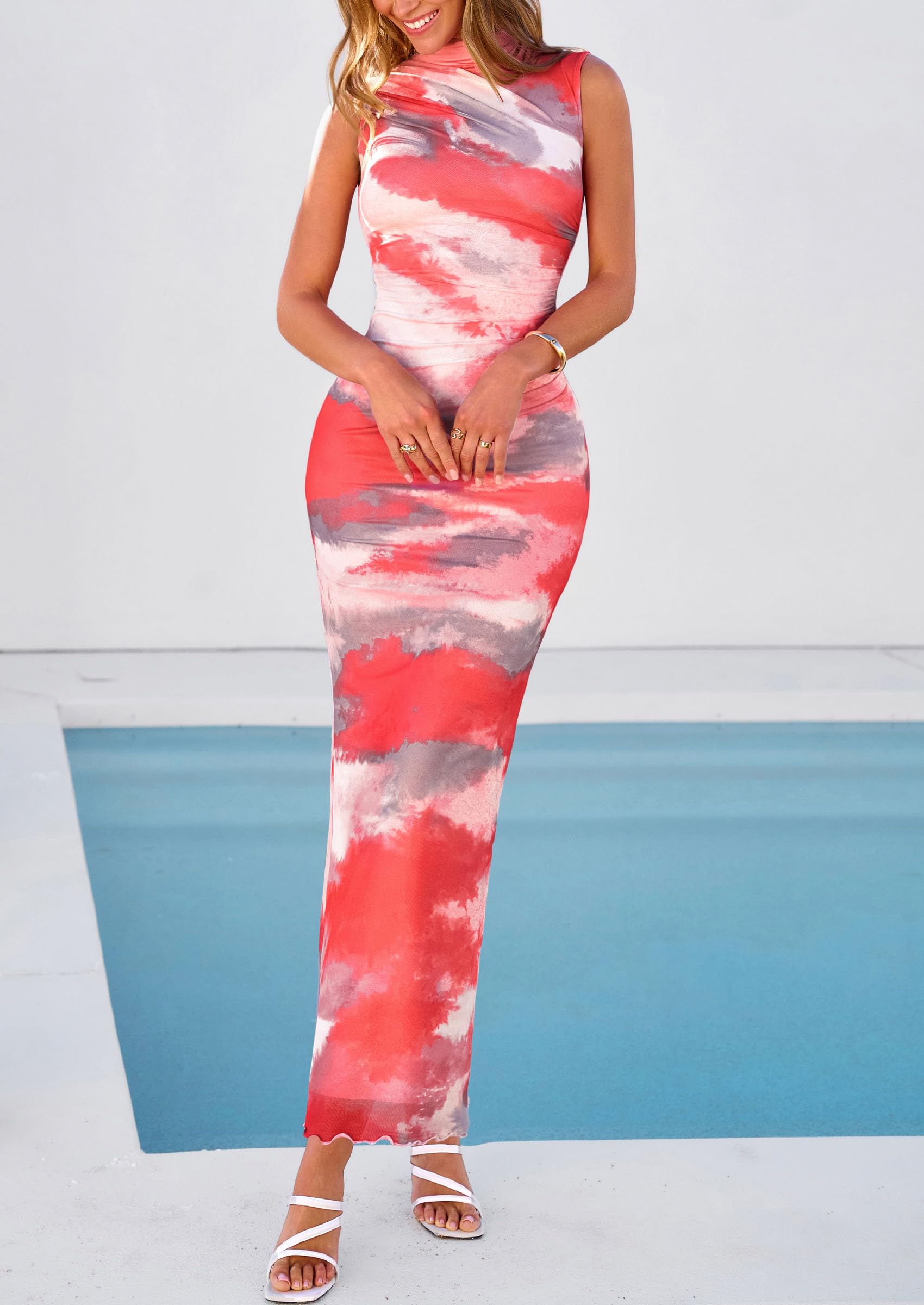 PRETTYGARDEN Summer Dresses for Women  Sleeveless Bodycon Maxi Spring Mock Neck Tie Dye Mesh Cocktail Going Out Dress
