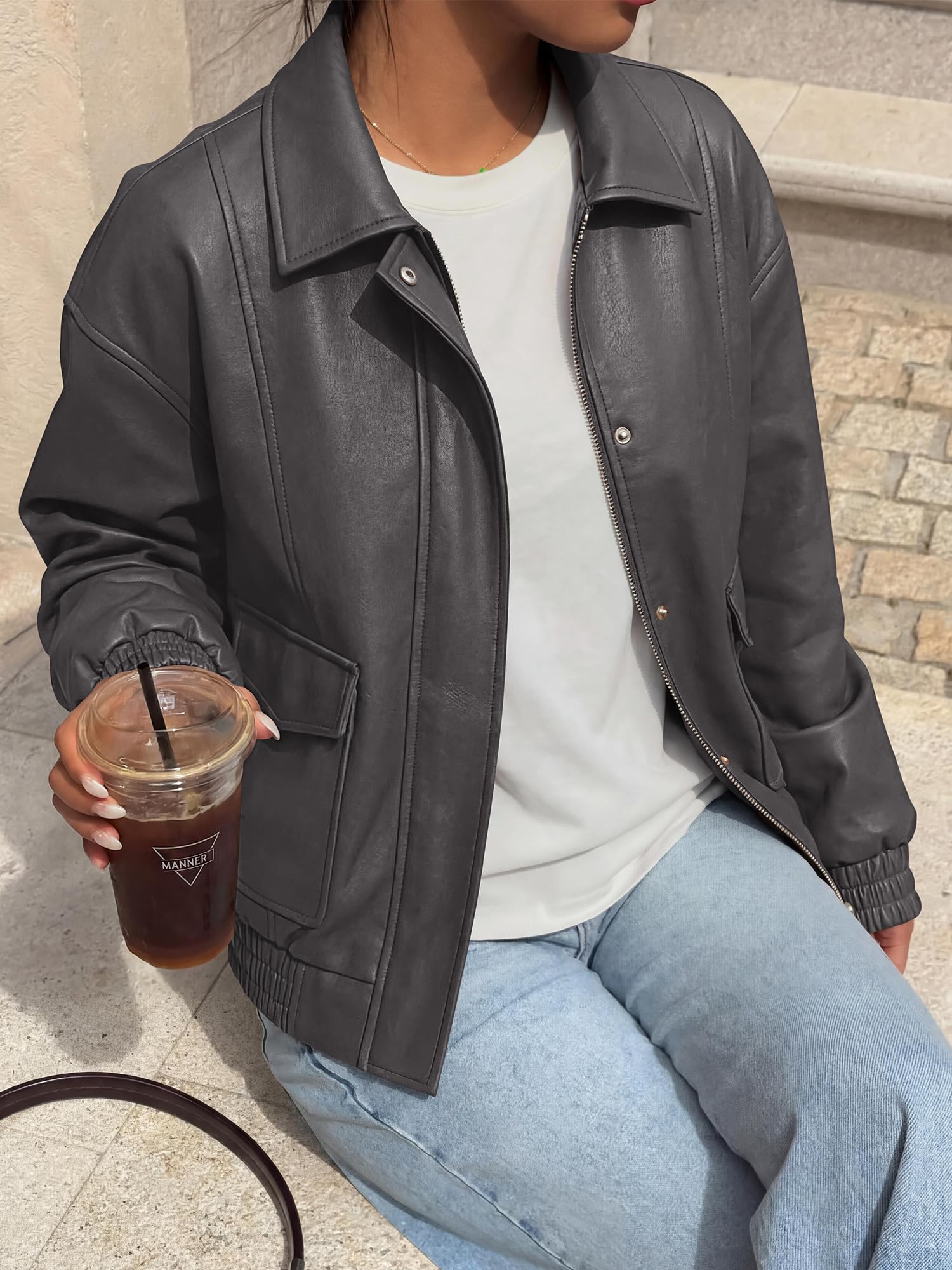 BTFBM Faux Leather Jacket Women Fall Clothes Long Sleeve, Bomber Jackets, Snaps, Pockets, Oversized, Zip Up Motorcycle Outerwear, Airport, Going Out Outfits, Winter Coat