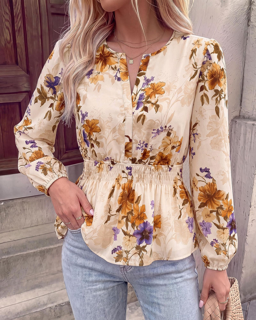 BTFBM Womens Tops Dressy Casual Floral V Neck Long Sleeve Chiffon Shirts | Chiffon Lantern Sleeve Flowy Peplum Sheer Top,Elastic Waist Babydoll Blouses,Boho Vacation Outfits,Fall Fashion Clothing
