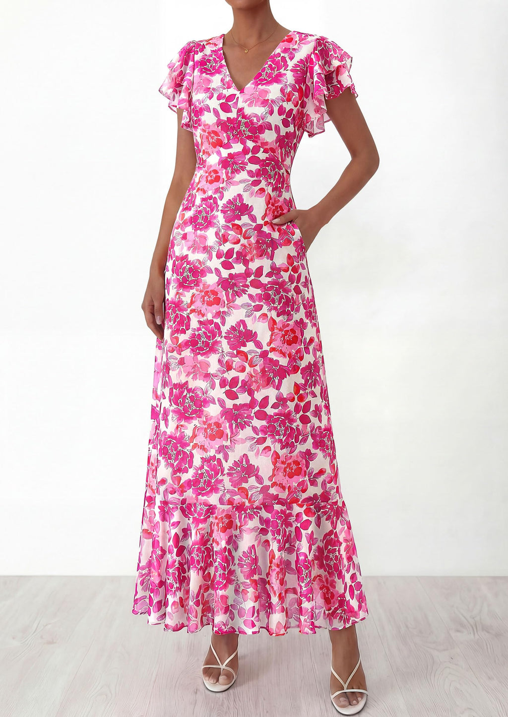 PRETTYGARDEN Womens Summer Floral Maxi Dresses Spring Short Sleeve Ruffle V Neck Flowy Boho Long Beach Vacation Sundress