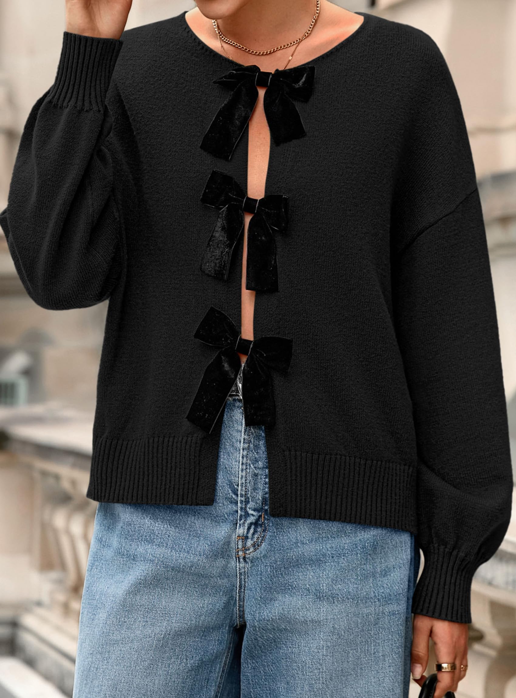 PRETTYGARDEN Cardigan Sweaters for Women Fall Fashion Bow Tie Front Long Sleeve Knit Sweater Tops Cute Winter Clothes