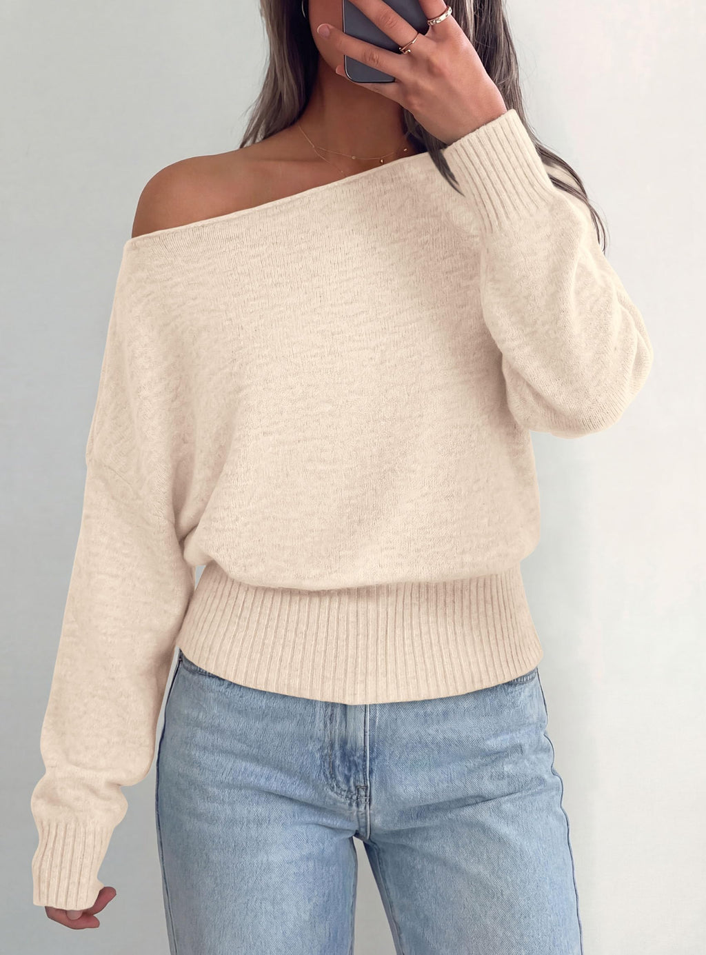 PRETTYGARDEN Womens Off The Shoulder Sweater Fall Fashion Soft Stretchy Knit Fabric, Batwing Long Sleeve Cinched Waist Cropped Sweaters, Date Night Outfit, Asymmetrical Going Out Tops