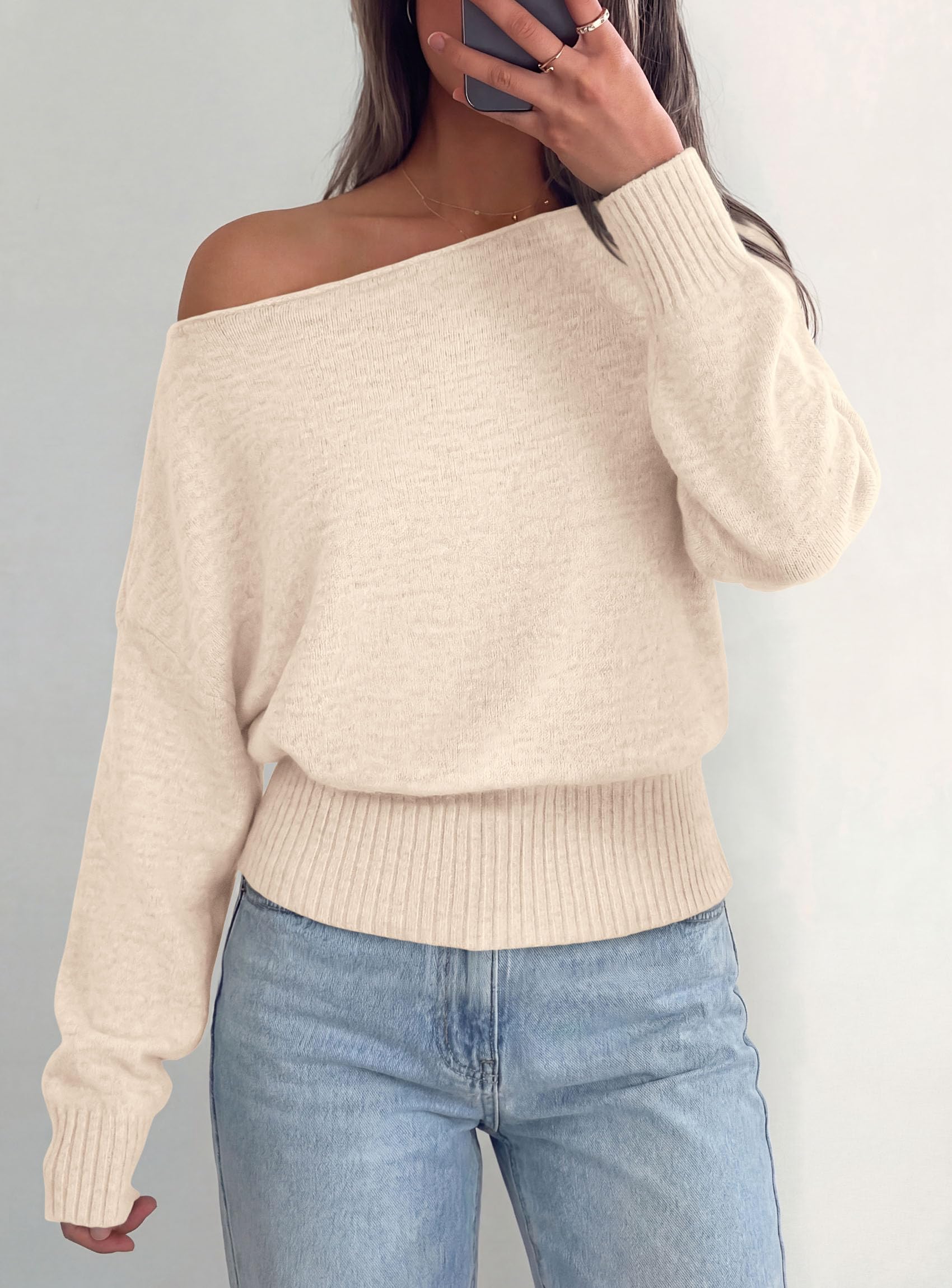 PRETTYGARDEN Womens Off The Shoulder Sweater Fall Fashion Soft Stretchy Knit Fabric, Batwing Long Sleeve Cinched Waist Cropped Sweaters, Date Night Outfit, Asymmetrical Going Out Tops