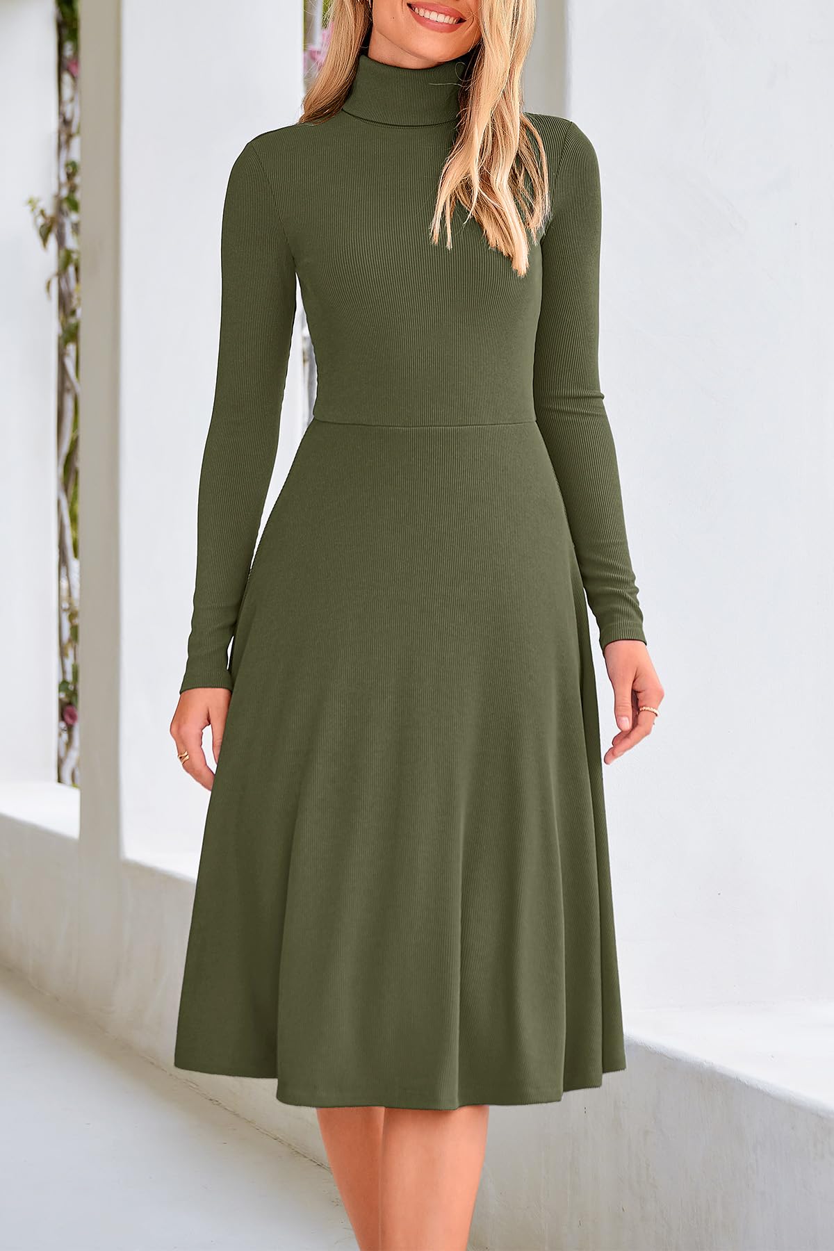FreshPretty Womens Long Sleeve Turtleneck Dress Midi A Line Fall Dresses,High Neck Dress,Fit and Flare Work Dresses,Lightweight Knit,Flowy Winter Dresses Wedding Guest,Cocktail,Church,Casual