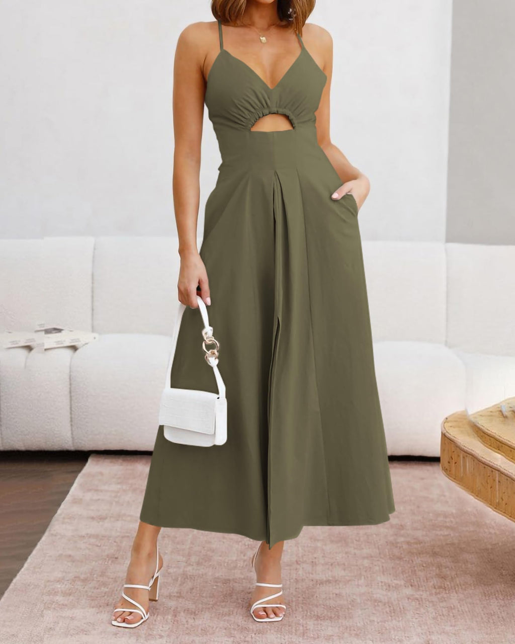 BTFBM Women Spaghetti Strap Midi Summer Dresses Sleeveless V Neck Cutout Slit Casual Beach Party Maxi Dress Pockets