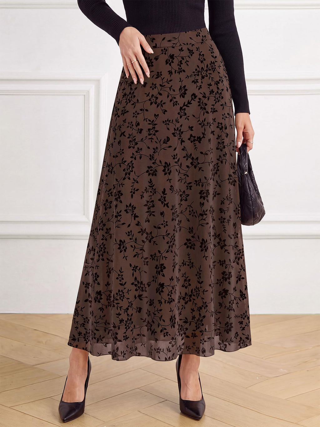 BTFBM Womens Floral Mesh Maxi Skirts Long Tulle Skirt Flowy A Line High Waist Skirts,Velvet-Like Flowers,Flocked Mesh,Double-Layered Skirt,Going Out Outfits,Early Fall Fashion