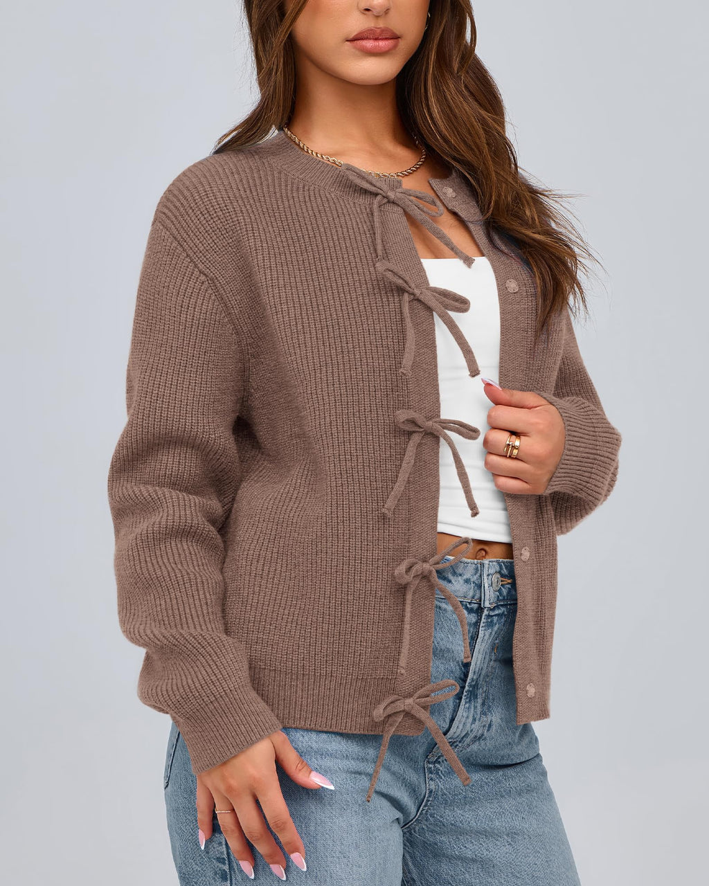 BTFBM Bow Cropped Cardigan Sweaters for Women Fall Winter Open Front Sweater Long Sleeve Button Fashion Spring Clothes