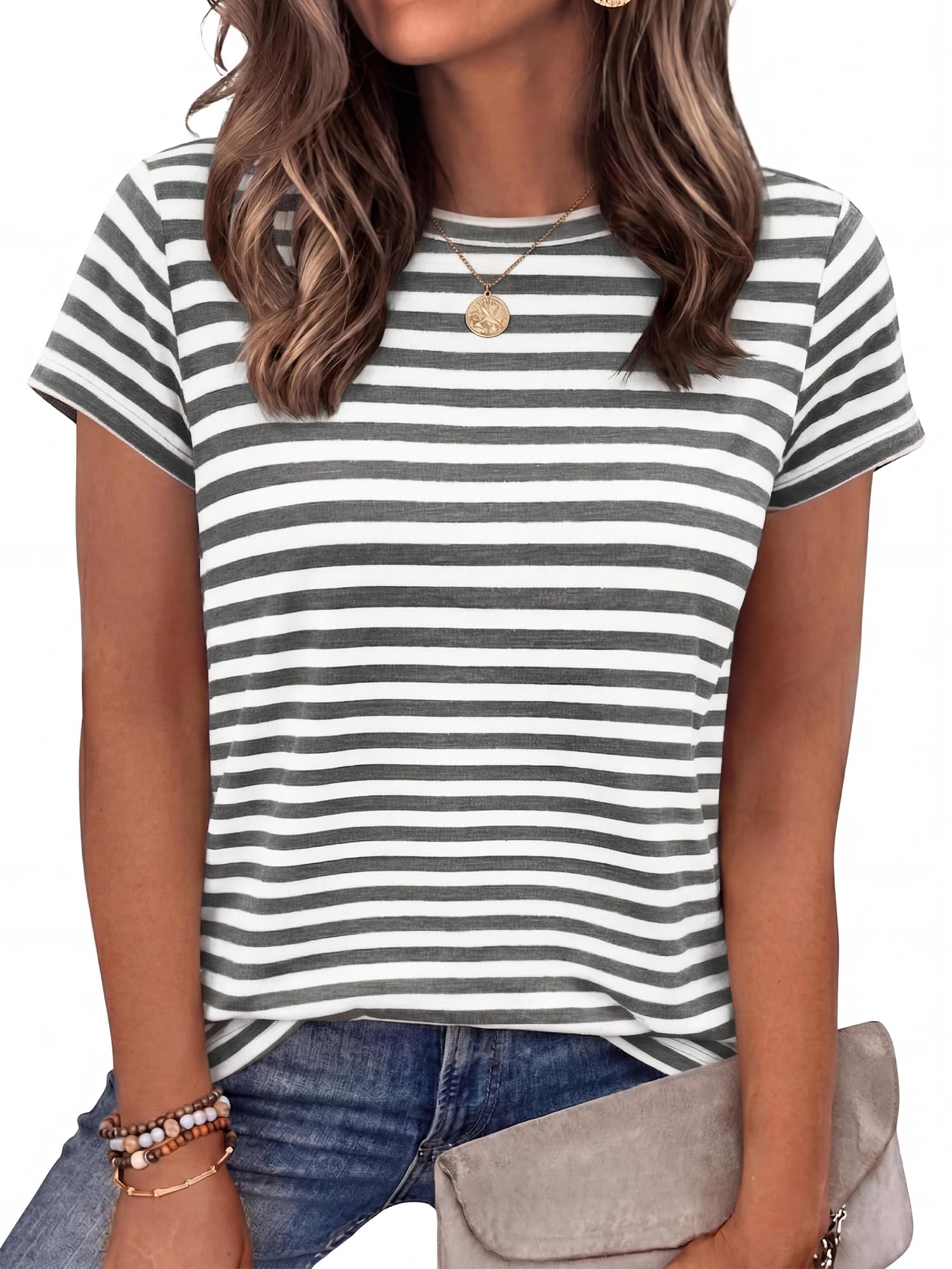 BTFBM Tops for Women Trendy Summer Crew Neck Short Sleeve T Shirts Striped Casual Vacation Blouse Basic Tee