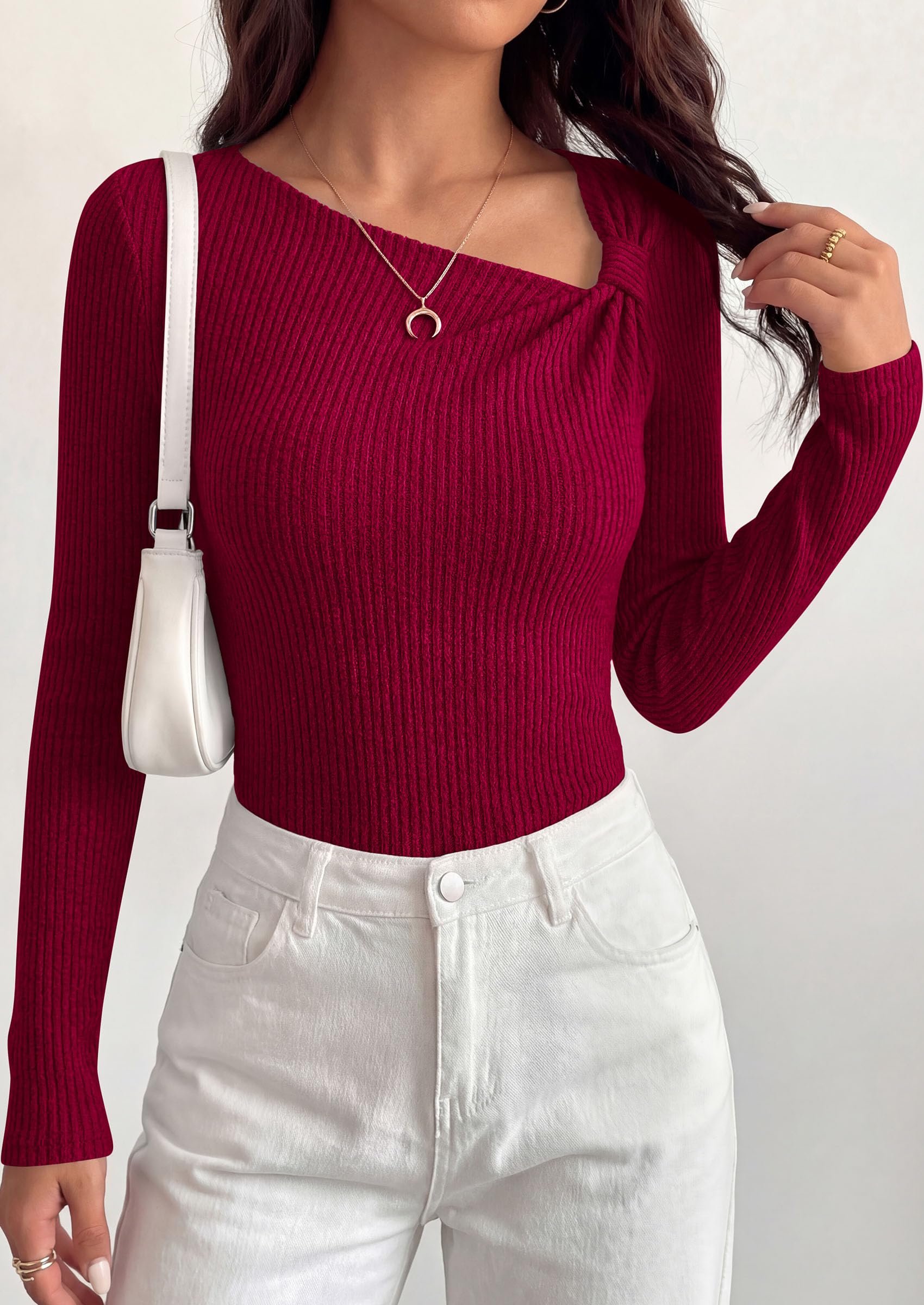 PRETTYGARDEN Womens  Early Fall Fashion Long Sleeve T Shirts Asymmetrical Ribbed Fitted Trendy Going Out Tops Y2K Outfits
