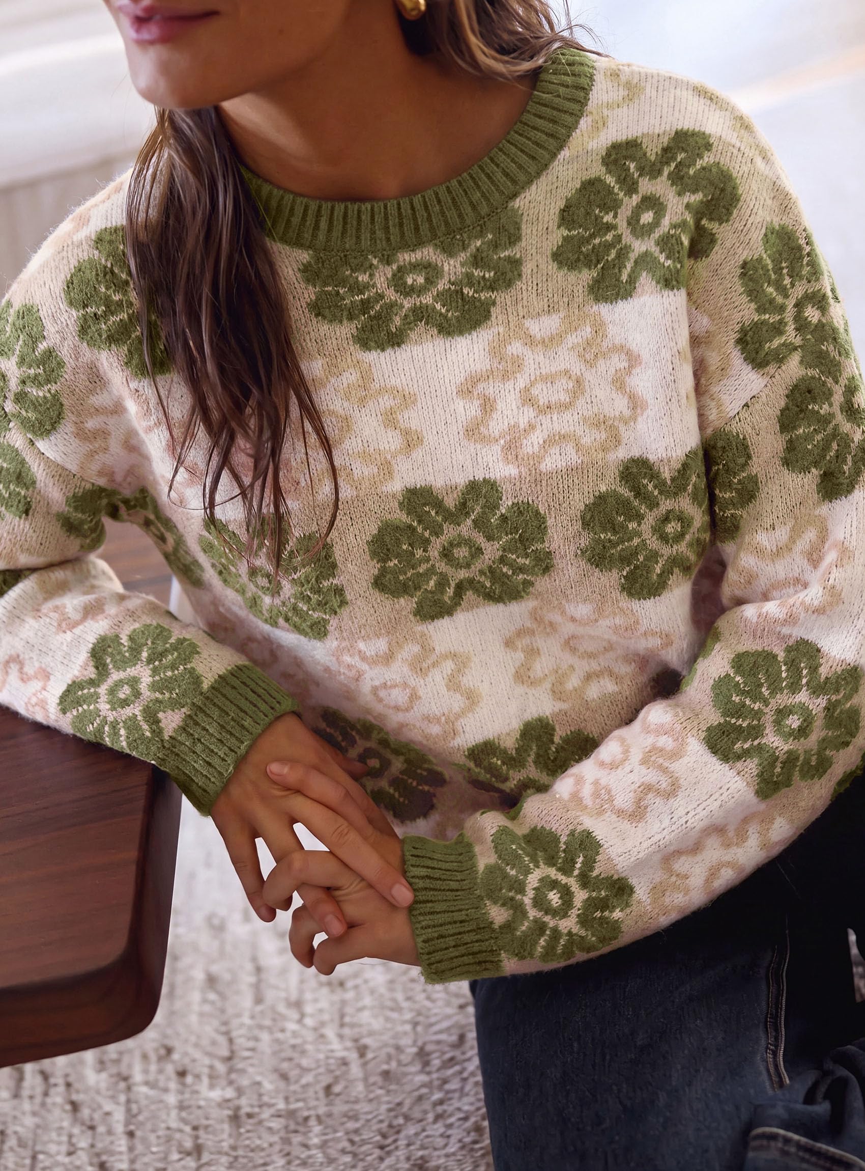 PRETTYGARDEN Women's Floral Crewneck Sweater Knit Pullover Loose Fit, Chunky Knit Sweaters Tops, Dressy Casual Work Vacation Holiday Outfits, Womens Fall Fashion, Winter Clothes
