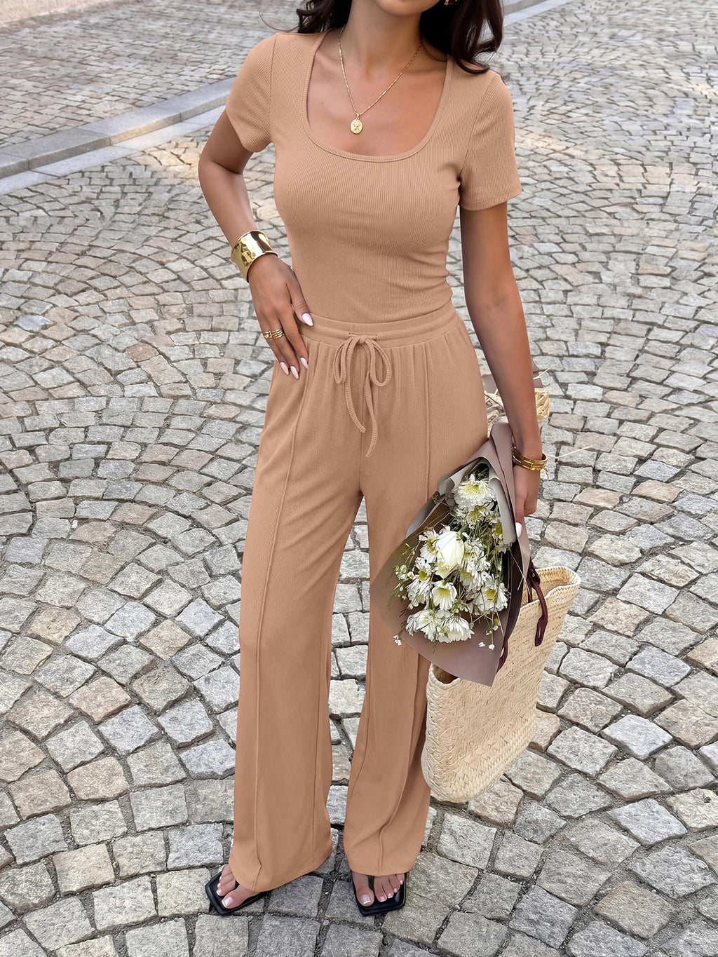BTFBM Womens Summer 2 Piece Outfits Square Neck Short Sleeve Drawstring Pants Knit Spring Lounge Matching Sets