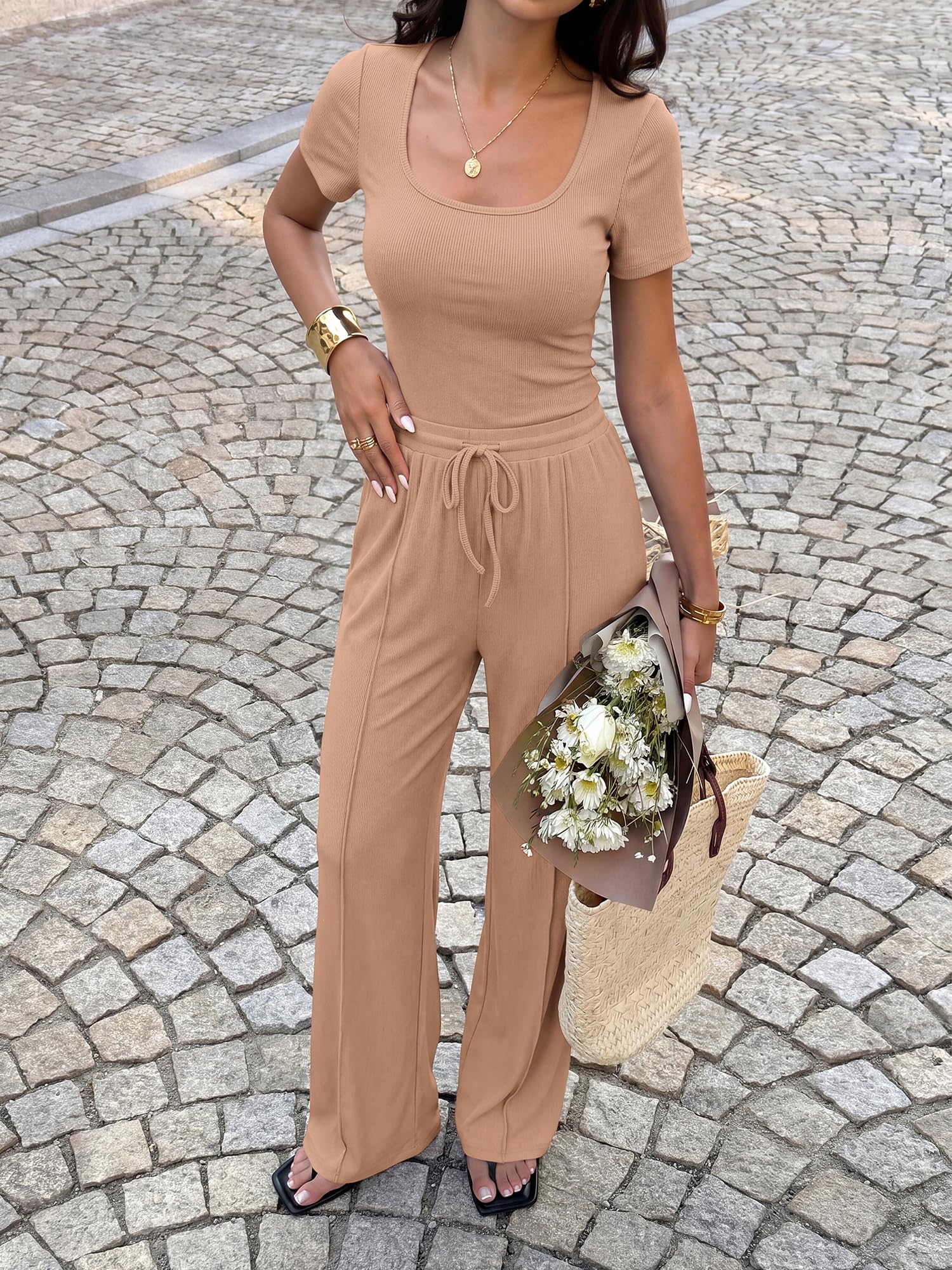 BTFBM Womens Summer 2 Piece Outfits Square Neck Short Sleeve Drawstring Pants Knit Spring Lounge Matching Sets