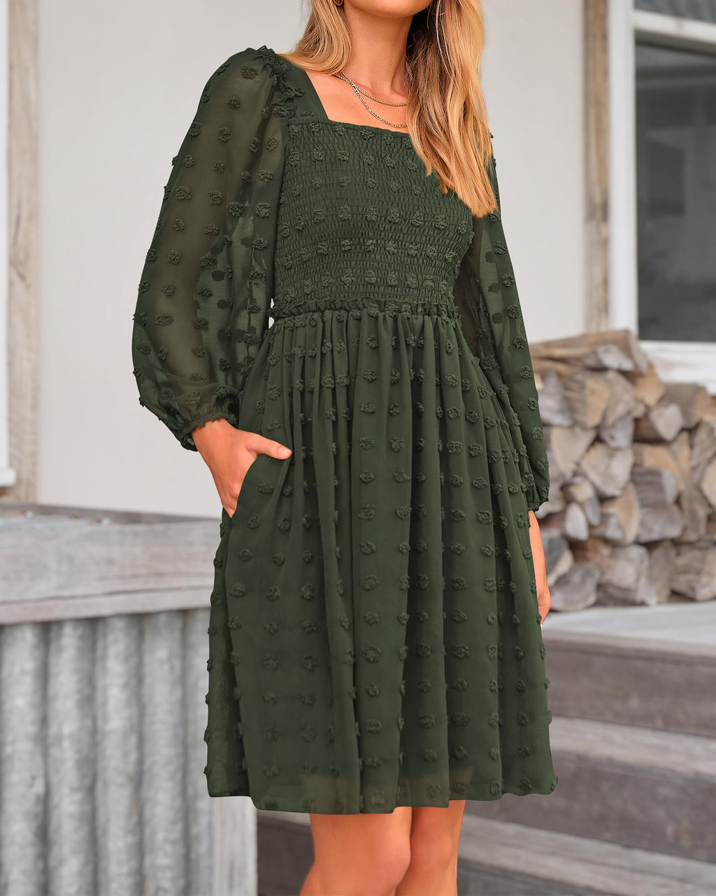 BTFBM Womens Long Sleeve Dress Summer Vacation Square Neck Smocked Floral Mini Boho Spring Wedding Guest Dresses