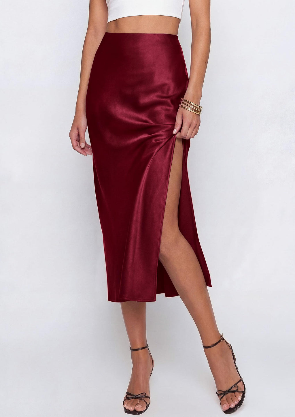 PRETTYGARDEN Womens Satin Skirt Summer Silk Business Casual High Waisted A Line Flowy Work Wedding Cocktail Midi Skirts